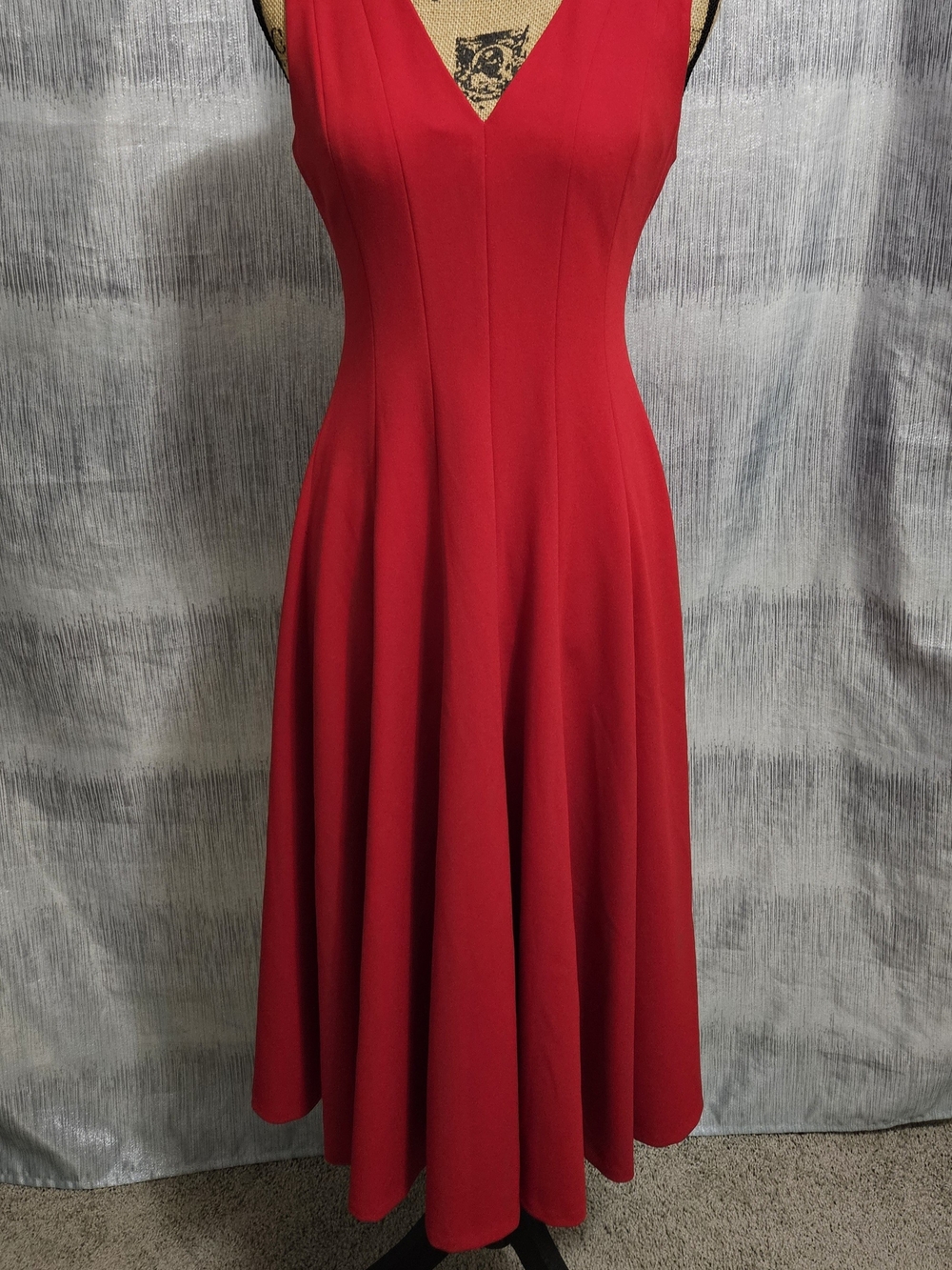 Calvin Klein Red V-Neck Midi Fit-and-Flare Dress